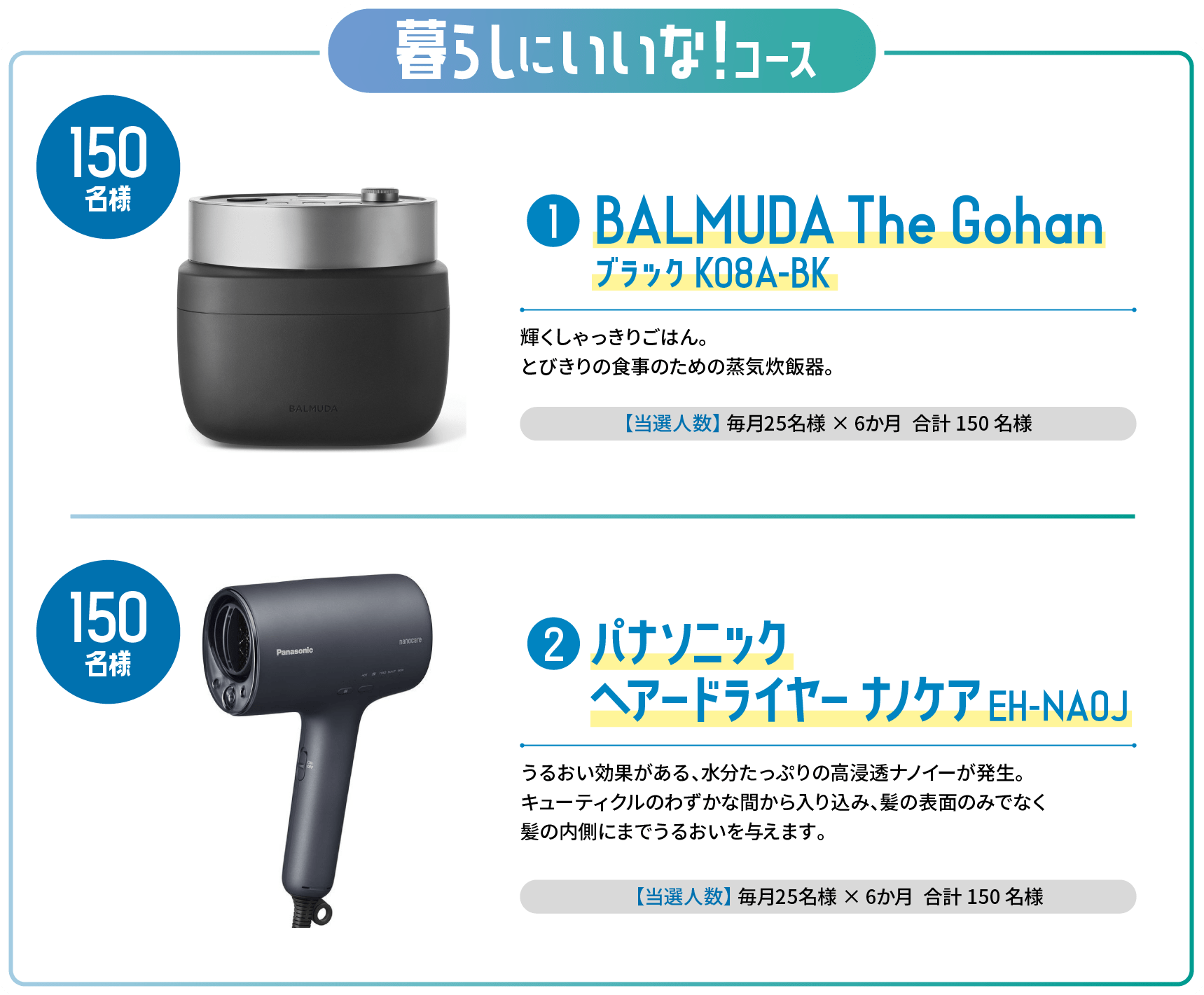暮らしにいいな！コース ① BALMUDA The Gohan ブラック K08A-BK 輝くしゃっきりごはん。
とびきりの食事のための蒸気炊飯器。 【当選人数】 毎月25名様 × 6か月  合計150名様／② パナソニック ヘアードライヤー ナノケア EH-NA0J うるおい効果がある、水分たっぷりの高浸透ナノイーが発生。キューティクルのわずかな間から入り込み、髪の表面のみでなく髪の内側にまでうるおいを与えます。【当選人数】毎月25名様×6か月 合計150名様